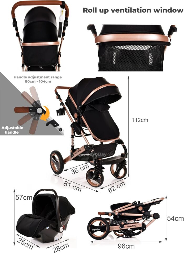 Baby Stroller 3 in 1 Pram Pushchair Buggy Child Lightweight Folding Stroller 3 in 1 Travel System Pram for Newborns Toddlers from Birth Aluminium NEW Upgraded 2025 Style (Black - Rose Gold Frame)