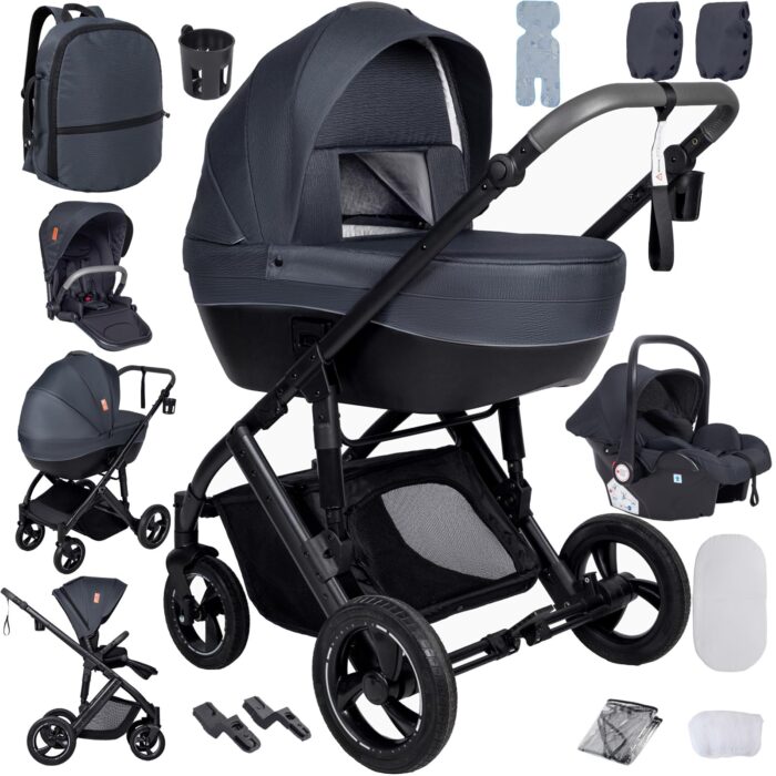 Magic ZC PU Leather 3 in 1 Pushchair Pram Travel System, Baby Stroller 3 in 1 with Reversible Two Pushing Modes, Newborn Infant Carriage One-Click Folding, Toddler Buggy Aluminum Frame (Khaki 518)