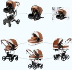 Magic ZC PU Leather 3 in 1 Pushchair Pram Travel System, Baby Stroller 3 in 1 with Reversible Two Pushing Modes, Newborn Infant Carriage One-Click Folding, Toddler Buggy Aluminum Frame (Khaki 518)