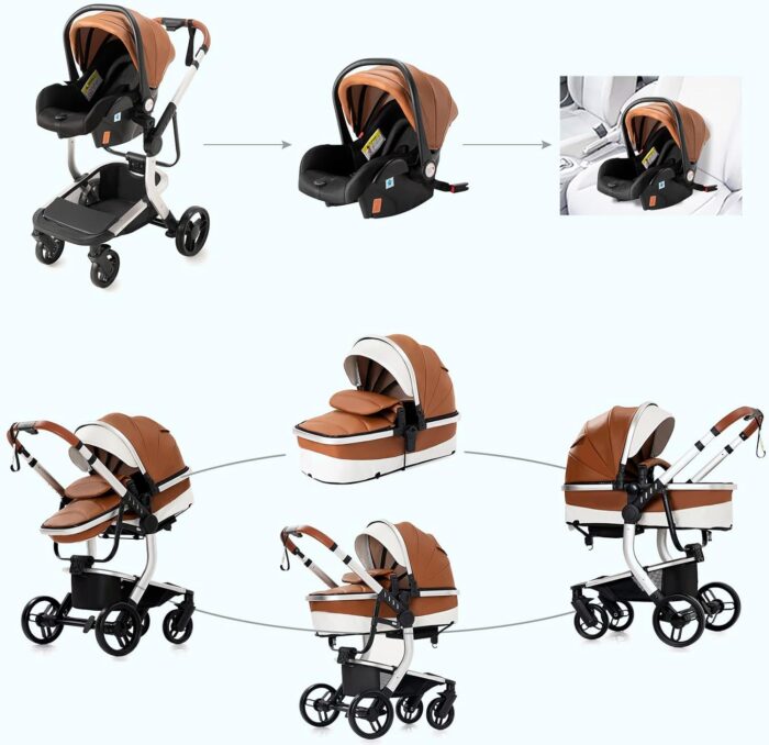 Magic ZC PU Leather 3 in 1 Pushchair Pram Travel System, Baby Stroller 3 in 1 with Reversible Two Pushing Modes, Newborn Infant Carriage One-Click Folding, Toddler Buggy Aluminum Frame (Khaki 518)
