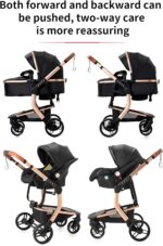 Magic ZC PU Leather 3 in 1 Pushchair Pram Travel System, Baby Stroller 3 in 1 with Reversible Two Pushing Modes, Newborn Infant Carriage One-Click Folding, Toddler Buggy Aluminum Frame (Khaki 518)
