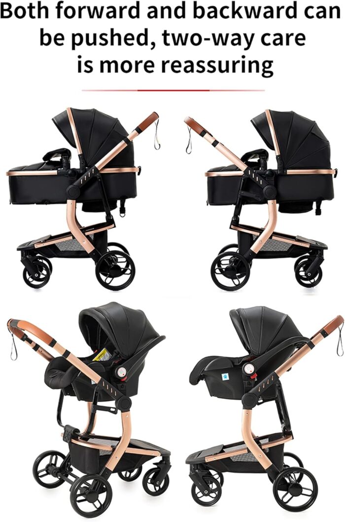 Magic ZC PU Leather 3 in 1 Pushchair Pram Travel System, Baby Stroller 3 in 1 with Reversible Two Pushing Modes, Newborn Infant Carriage One-Click Folding, Toddler Buggy Aluminum Frame (Khaki 518)