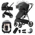 Gcarebb 3 in 1 Prams Travel System, Pushchair with Height Adjustable Handle, Travel Pram with Mosquito Net, Baby Stroller with Aluminum Frame for Newborn 0-4 Years