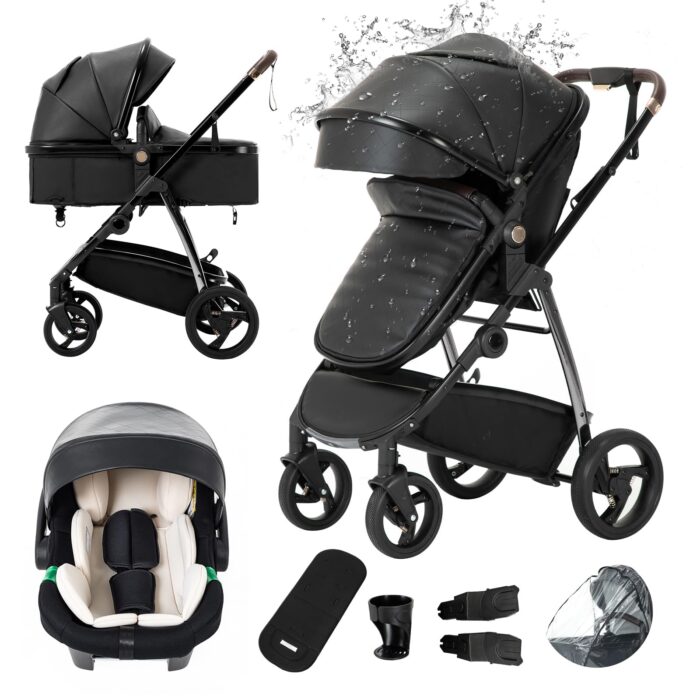 Gcarebb 3 in 1 Prams Travel System, Pushchair with Height Adjustable Handle, Travel Pram with Mosquito Net, Baby Stroller with Aluminum Frame for Newborn 0-4 Years