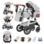 Gcarebb 3 in 1 Prams Travel System, Pushchair with Height Adjustable Handle, Travel Pram with Mosquito Net, Baby Stroller with Aluminum Frame for Newborn 0-4 Years