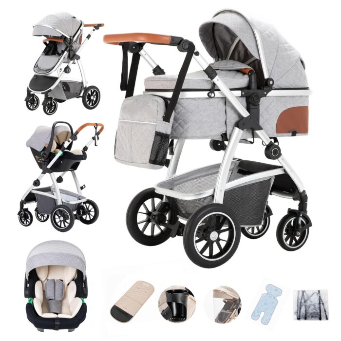 Gcarebb 3 in 1 Prams Travel System, Pushchair with Height Adjustable Handle, Travel Pram with Mosquito Net, Baby Stroller with Aluminum Frame for Newborn 0-4 Years