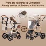 Gcarebb 3 in 1 Prams Travel System, Pushchair with Height Adjustable Handle, Travel Pram with Mosquito Net, Baby Stroller with Aluminum Frame for Newborn 0-4 Years