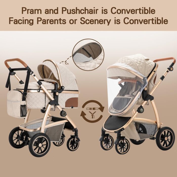 Gcarebb 3 in 1 Prams Travel System, Pushchair with Height Adjustable Handle, Travel Pram with Mosquito Net, Baby Stroller with Aluminum Frame for Newborn 0-4 Years