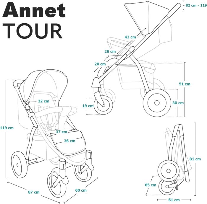 LIONELO Pushchair from Birth up to 22 kg Annet Tour Light & Foldable Stroller with Reclining backrest to a Lying Position, EVA Foam Wheels, Mosquito Net, Footblanket, Drink Holder, Basket, XXL Hood