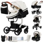 Magic ZC PU Leather 3 in 1 Pushchair Pram Travel System, Baby Stroller 3 in 1 with Reversible Two Pushing Modes, Newborn Infant Carriage One-Click Folding, Toddler Buggy Aluminum Frame (Khaki 518)