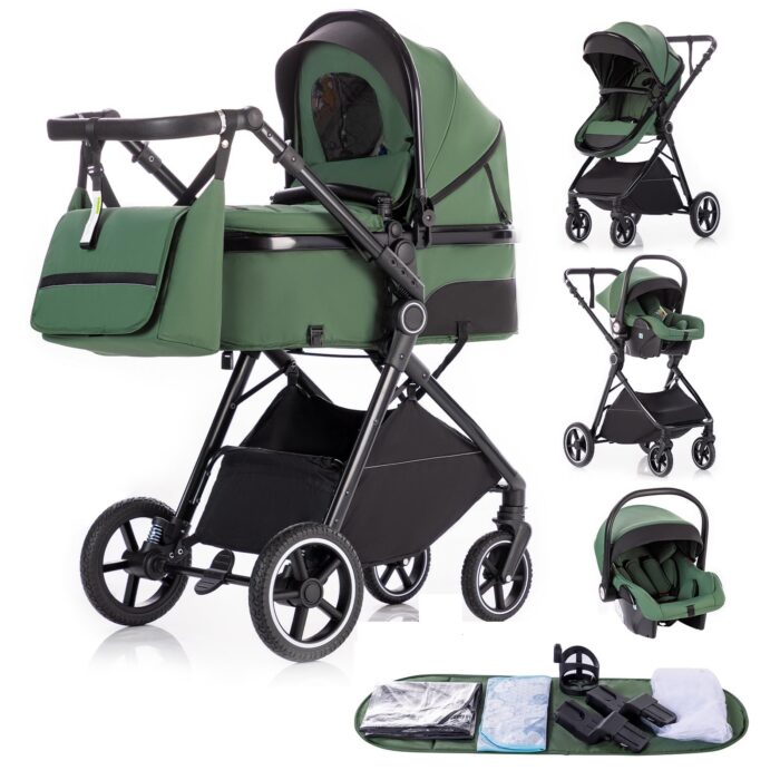 Gcarebb 3 in 1 Prams Travel System, Pushchair with Height Adjustable Handle, Travel Pram with Mosquito Net, Baby Stroller with Aluminum Frame for Newborn 0-4 Years
