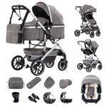 Gcarebb 3 in 1 Prams Travel System, Pushchair with Height Adjustable Handle, Travel Pram with Mosquito Net, Baby Stroller with Aluminum Frame for Newborn 0-4 Years