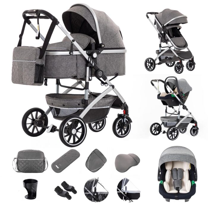 Gcarebb 3 in 1 Prams Travel System, Pushchair with Height Adjustable Handle, Travel Pram with Mosquito Net, Baby Stroller with Aluminum Frame for Newborn 0-4 Years