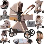 Magic ZC PU Leather 3 in 1 Pushchair Pram Travel System, Baby Stroller 3 in 1 with Reversible Two Pushing Modes, Newborn Infant Carriage One-Click Folding, Toddler Buggy Aluminum Frame (Khaki 518)