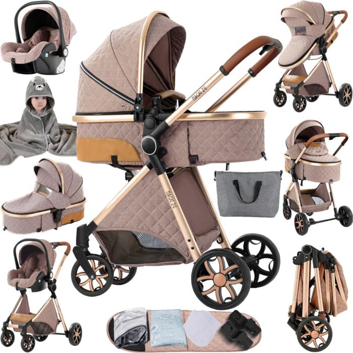 Magic ZC PU Leather 3 in 1 Pushchair Pram Travel System, Baby Stroller 3 in 1 with Reversible Two Pushing Modes, Newborn Infant Carriage One-Click Folding, Toddler Buggy Aluminum Frame (Khaki 518)