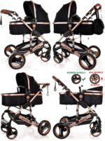 Baby Stroller 3 in 1 Pram Pushchair Buggy Child Lightweight Folding Stroller 3 in 1 Travel System Pram for Newborns Toddlers from Birth Aluminium NEW Upgraded 2025 Style (Black - Rose Gold Frame)