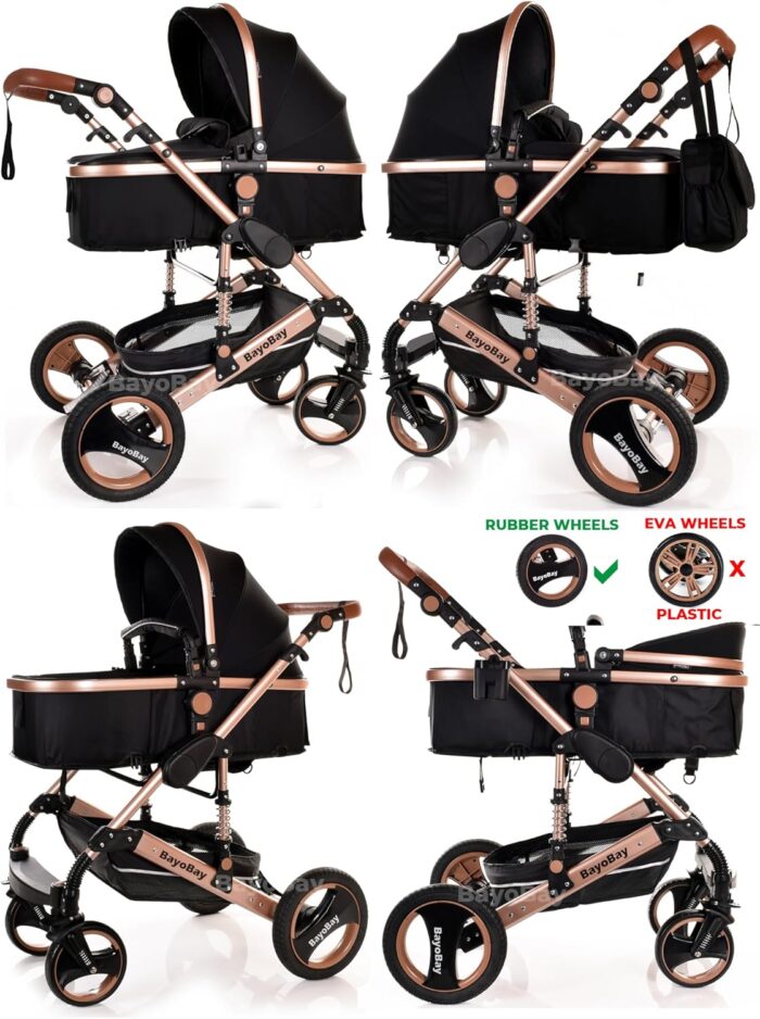 Baby Stroller 3 in 1 Pram Pushchair Buggy Child Lightweight Folding Stroller 3 in 1 Travel System Pram for Newborns Toddlers from Birth Aluminium NEW Upgraded 2025 Style (Black - Rose Gold Frame)