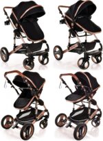 Baby Stroller 3 in 1 Pram Pushchair Buggy Child Lightweight Folding Stroller 3 in 1 Travel System Pram for Newborns Toddlers from Birth Aluminium NEW Upgraded 2025 Style (Black - Rose Gold Frame)