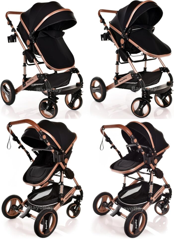 Baby Stroller 3 in 1 Pram Pushchair Buggy Child Lightweight Folding Stroller 3 in 1 Travel System Pram for Newborns Toddlers from Birth Aluminium NEW Upgraded 2025 Style (Black - Rose Gold Frame)