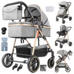 Magic ZC PU Leather 3 in 1 Pushchair Pram Travel System, Baby Stroller 3 in 1 with Reversible Two Pushing Modes, Newborn Infant Carriage One-Click Folding, Toddler Buggy Aluminum Frame (Khaki 518)
