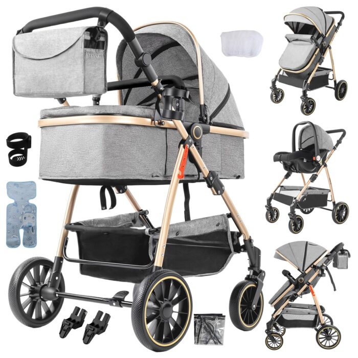 Magic ZC PU Leather 3 in 1 Pushchair Pram Travel System, Baby Stroller 3 in 1 with Reversible Two Pushing Modes, Newborn Infant Carriage One-Click Folding, Toddler Buggy Aluminum Frame (Khaki 518)