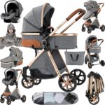 Magic ZC PU Leather 3 in 1 Pushchair Pram Travel System, Baby Stroller 3 in 1 with Reversible Two Pushing Modes, Newborn Infant Carriage One-Click Folding, Toddler Buggy Aluminum Frame (Khaki 518)