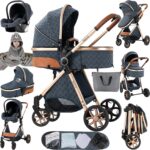 Magic ZC PU Leather 3 in 1 Pushchair Pram Travel System, Baby Stroller 3 in 1 with Reversible Two Pushing Modes, Newborn Infant Carriage One-Click Folding, Toddler Buggy Aluminum Frame (Khaki 518)
