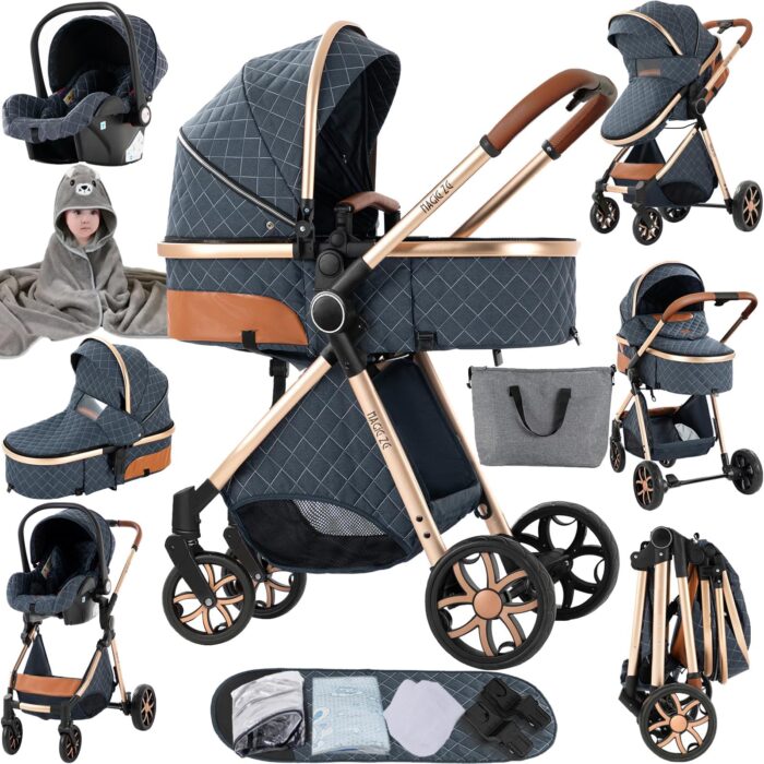 Magic ZC PU Leather 3 in 1 Pushchair Pram Travel System, Baby Stroller 3 in 1 with Reversible Two Pushing Modes, Newborn Infant Carriage One-Click Folding, Toddler Buggy Aluminum Frame (Khaki 518)