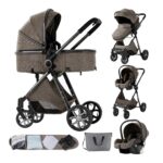 Magic ZC PU Leather 3 in 1 Pushchair Pram Travel System, Baby Stroller 3 in 1 with Reversible Two Pushing Modes, Newborn Infant Carriage One-Click Folding, Toddler Buggy Aluminum Frame (Khaki 518)