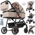 Magic ZC PU Leather 3 in 1 Pushchair Pram Travel System, Baby Stroller 3 in 1 with Reversible Two Pushing Modes, Newborn Infant Carriage One-Click Folding, Toddler Buggy Aluminum Frame (Khaki 518)
