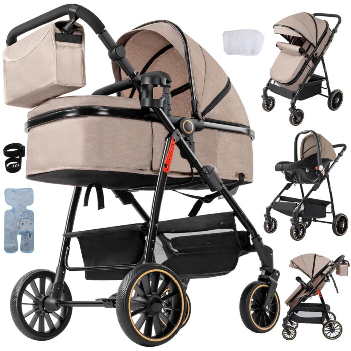 Magic ZC PU Leather 3 in 1 Pushchair Pram Travel System, Baby Stroller 3 in 1 with Reversible Two Pushing Modes, Newborn Infant Carriage One-Click Folding, Toddler Buggy Aluminum Frame (Khaki 518)