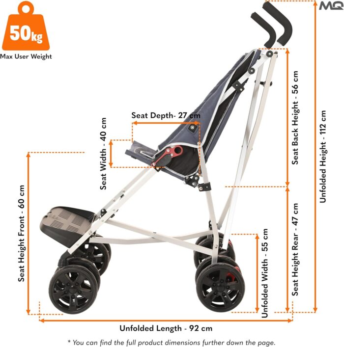 MobiQuip XL Disability Pushchair, Blue - Special Needs Stroller for Older Children up to 50kg - Lightweight Folding Aluminium Frame - Adjustable Footplate & 5-Point Harness - Smooth & Portable
