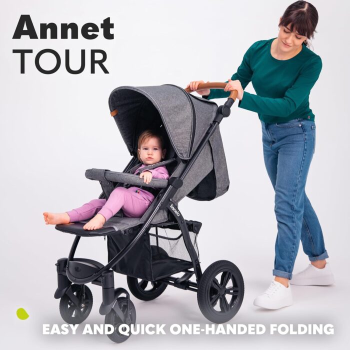 LIONELO Pushchair from Birth up to 22 kg Annet Tour Light & Foldable Stroller with Reclining backrest to a Lying Position, EVA Foam Wheels, Mosquito Net, Footblanket, Drink Holder, Basket, XXL Hood