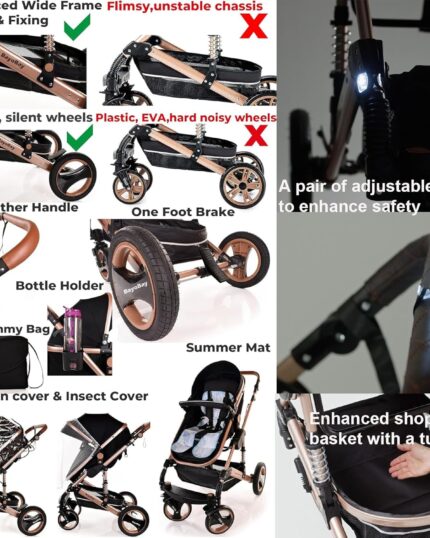 Baby Stroller 3 in 1 Pram Pushchair Buggy Child Lightweight Folding Stroller 3 in 1 Travel System Pram for Newborns Toddlers from Birth Aluminium NEW Upgraded 2025 Style (Black - Rose Gold Frame)