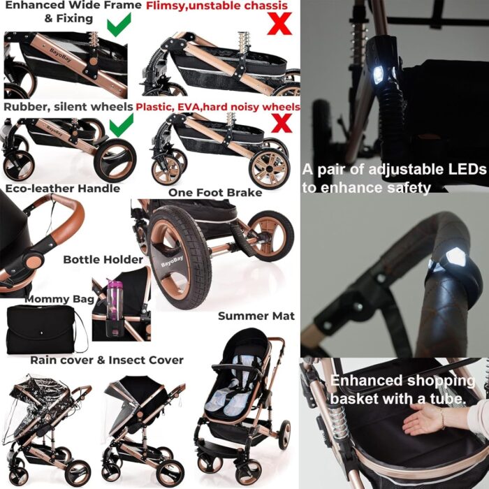 Baby Stroller 3 in 1 Pram Pushchair Buggy Child Lightweight Folding Stroller 3 in 1 Travel System Pram for Newborns Toddlers from Birth Aluminium NEW Upgraded 2025 Style (Black - Rose Gold Frame)