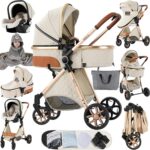 Magic ZC PU Leather 3 in 1 Pushchair Pram Travel System, Baby Stroller 3 in 1 with Reversible Two Pushing Modes, Newborn Infant Carriage One-Click Folding, Toddler Buggy Aluminum Frame (Khaki 518)