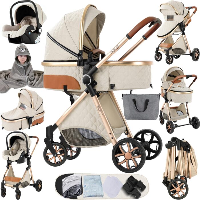 Magic ZC PU Leather 3 in 1 Pushchair Pram Travel System, Baby Stroller 3 in 1 with Reversible Two Pushing Modes, Newborn Infant Carriage One-Click Folding, Toddler Buggy Aluminum Frame (Khaki 518)