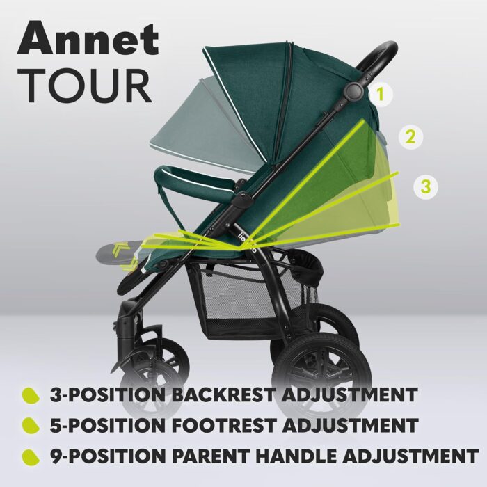 LIONELO Pushchair from Birth up to 22 kg Annet Tour Light & Foldable Stroller with Reclining backrest to a Lying Position, EVA Foam Wheels, Mosquito Net, Footblanket, Drink Holder, Basket, XXL Hood