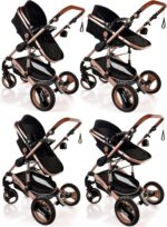 Baby Stroller 3 in 1 Pram Pushchair Buggy Child Lightweight Folding Stroller 3 in 1 Travel System Pram for Newborns Toddlers from Birth Aluminium NEW Upgraded 2025 Style (Black - Rose Gold Frame)