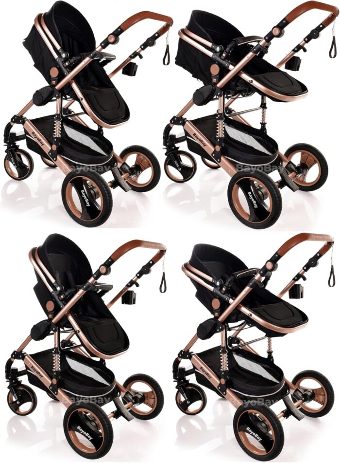 Baby Stroller 3 in 1 Pram Pushchair Buggy Child Lightweight Folding Stroller 3 in 1 Travel System Pram for Newborns Toddlers from Birth Aluminium NEW Upgraded 2025 Style (Black - Rose Gold Frame)