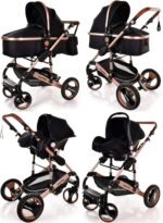 Baby Stroller 3 in 1 Pram Pushchair Buggy Child Lightweight Folding Stroller 3 in 1 Travel System Pram for Newborns Toddlers from Birth Aluminium NEW Upgraded 2025 Style (Black - Rose Gold Frame)