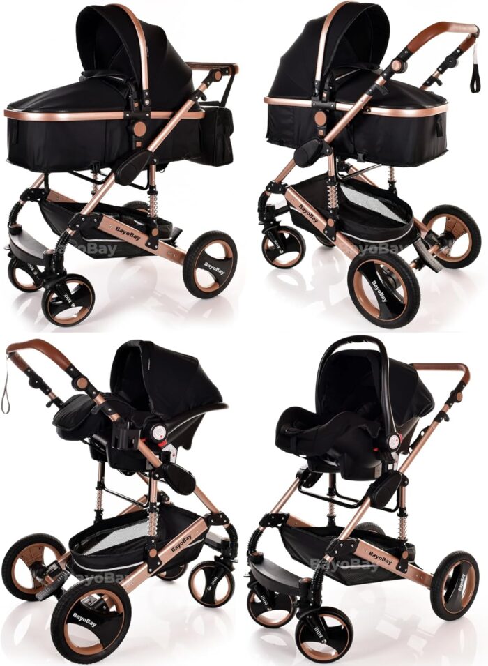 Baby Stroller 3 in 1 Pram Pushchair Buggy Child Lightweight Folding Stroller 3 in 1 Travel System Pram for Newborns Toddlers from Birth Aluminium NEW Upgraded 2025 Style (Black - Rose Gold Frame)