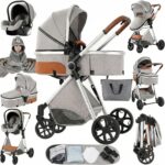 Magic ZC PU Leather 3 in 1 Pushchair Pram Travel System, Baby Stroller 3 in 1 with Reversible Two Pushing Modes, Newborn Infant Carriage One-Click Folding, Toddler Buggy Aluminum Frame (Khaki 518)