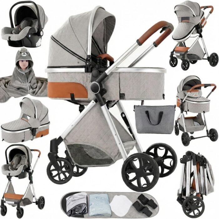 Magic ZC PU Leather 3 in 1 Pushchair Pram Travel System, Baby Stroller 3 in 1 with Reversible Two Pushing Modes, Newborn Infant Carriage One-Click Folding, Toddler Buggy Aluminum Frame (Khaki 518)
