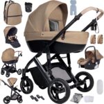 Magic ZC PU Leather 3 in 1 Pushchair Pram Travel System, Baby Stroller 3 in 1 with Reversible Two Pushing Modes, Newborn Infant Carriage One-Click Folding, Toddler Buggy Aluminum Frame (Khaki 518)