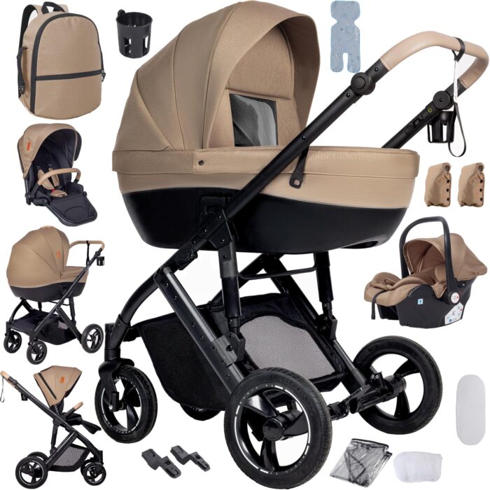 Magic ZC PU Leather 3 in 1 Pushchair Pram Travel System, Baby Stroller 3 in 1 with Reversible Two Pushing Modes, Newborn Infant Carriage One-Click Folding, Toddler Buggy Aluminum Frame (Khaki 518)