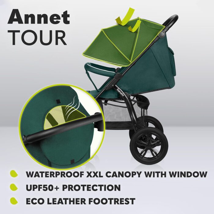 LIONELO Pushchair from Birth up to 22 kg Annet Tour Light & Foldable Stroller with Reclining backrest to a Lying Position, EVA Foam Wheels, Mosquito Net, Footblanket, Drink Holder, Basket, XXL Hood