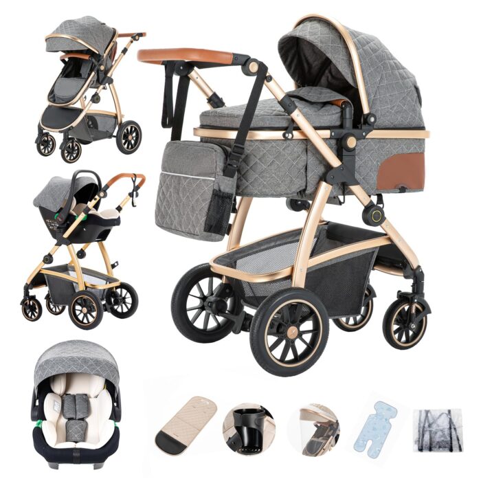 Gcarebb 3 in 1 Prams Travel System, Pushchair with Height Adjustable Handle, Travel Pram with Mosquito Net, Baby Stroller with Aluminum Frame for Newborn 0-4 Years