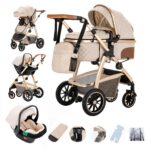 Gcarebb 3 in 1 Prams Travel System, Pushchair with Height Adjustable Handle, Travel Pram with Mosquito Net, Baby Stroller with Aluminum Frame for Newborn 0-4 Years