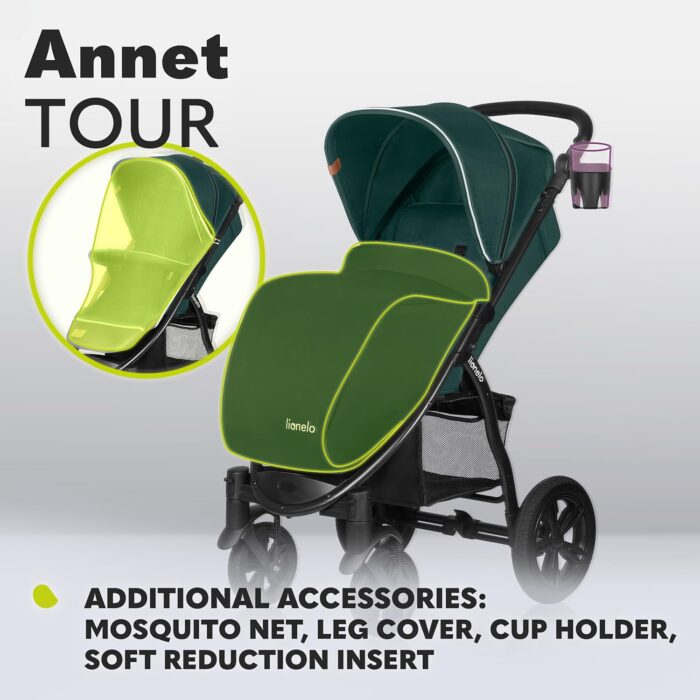 LIONELO Pushchair from Birth up to 22 kg Annet Tour Light & Foldable Stroller with Reclining backrest to a Lying Position, EVA Foam Wheels, Mosquito Net, Footblanket, Drink Holder, Basket, XXL Hood